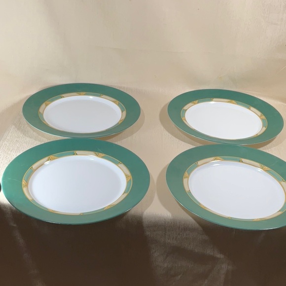 Cortina by Arcopal Green Rim, Tan & Green Geometric Verge Dinner Plates 10 3/4” - Picture 1 of 13